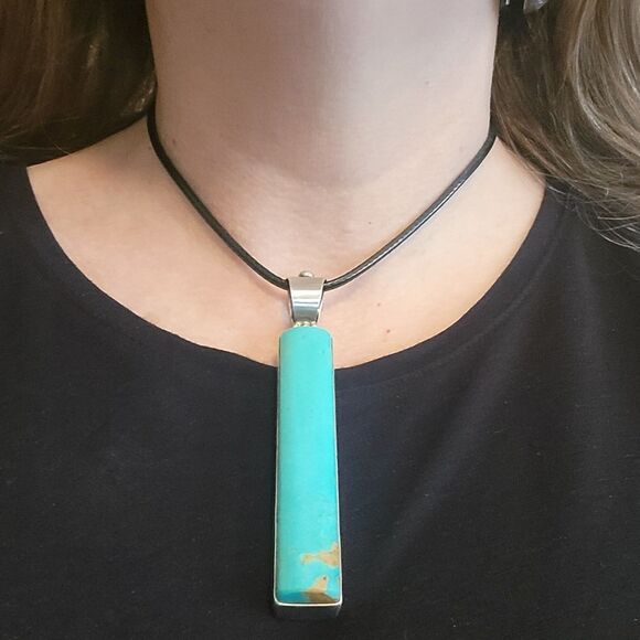 David Troutman Silver Creations Long Blue Turquoise Statement Pendant - Picture 2 of 8